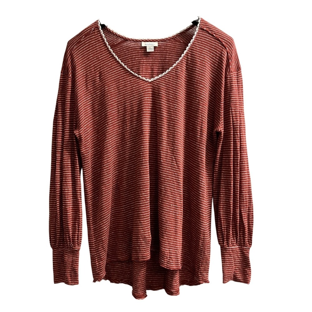 Sundance Top 100% Linen Rust Striped Tunic Size L Crochet Trim Boxy Relaxed Fit